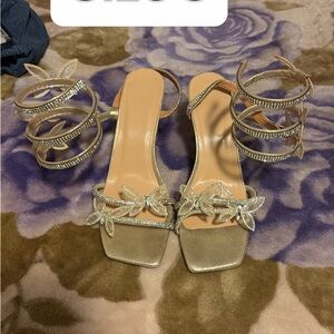 Gold Crystal Leaf Spiral Ankle Strap Heels - Women